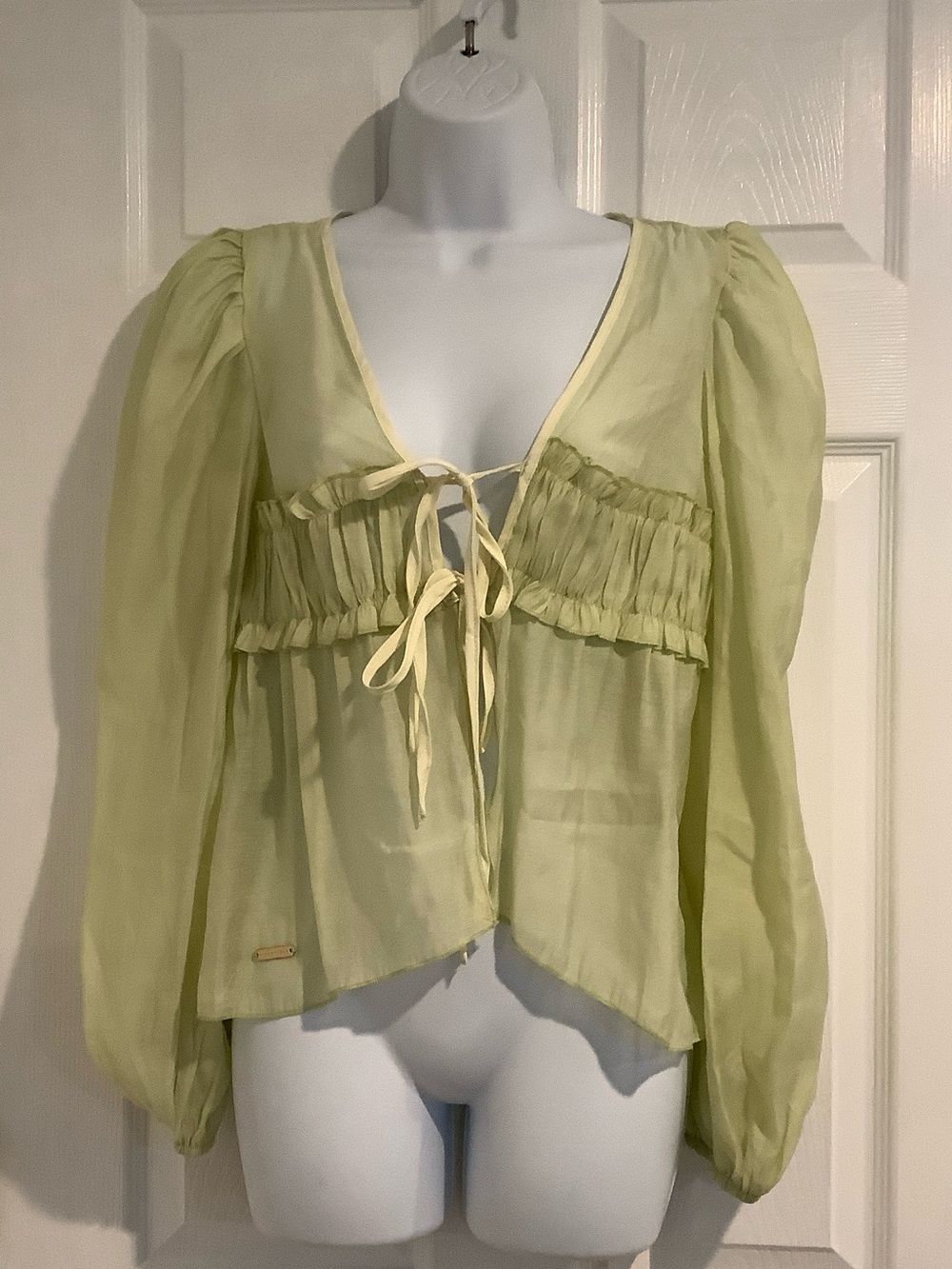 NWT MISSGUIDED Green Open Front Bow Tie Ruffled Semi Sheer Summer Blouse S